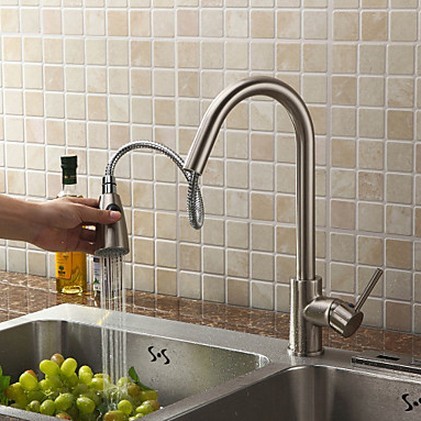 Pull Out Solid Brass Kitchen Faucet - Nickel Brushed Finish T0759 Pull Out Solid Brass Kitchen Faucet - Nickel Brushed Finish T0759