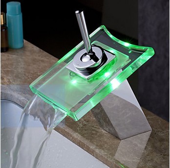 Contemporary Color Changing LED Glass Spout Waterfall Bathroom Sink Faucet - T0815-1F Contemporary Color Changing LED Glass Spout Waterfall Bathroom Sink Faucet - T0815-1F
