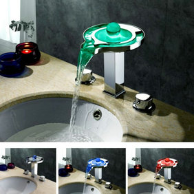 Contemporary Color Changing LED Waterfall Widespread Bathroom Sink Faucet - T8008-1F Contemporary Color Changing LED Waterfall Widespread Bathroom Sink Faucet - T8008-1F