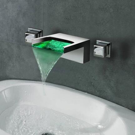 Contemporary LED Waterfall Two Handles Wall Mounted Bathroom Sink Faucet T1245