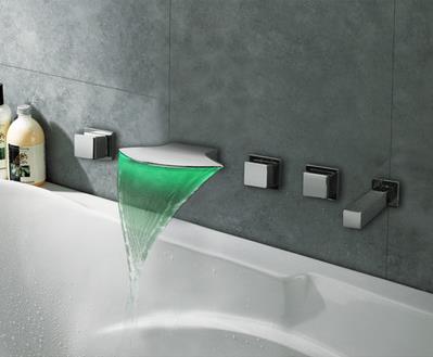 Thermochromic Contemporary Chrome Finish LED Waterfall Bathroom Tub Faucet T8046