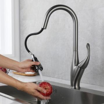 Grey Finished Brass Rotatable Retractable Head Pull Out Kitchen Faucet TG0576